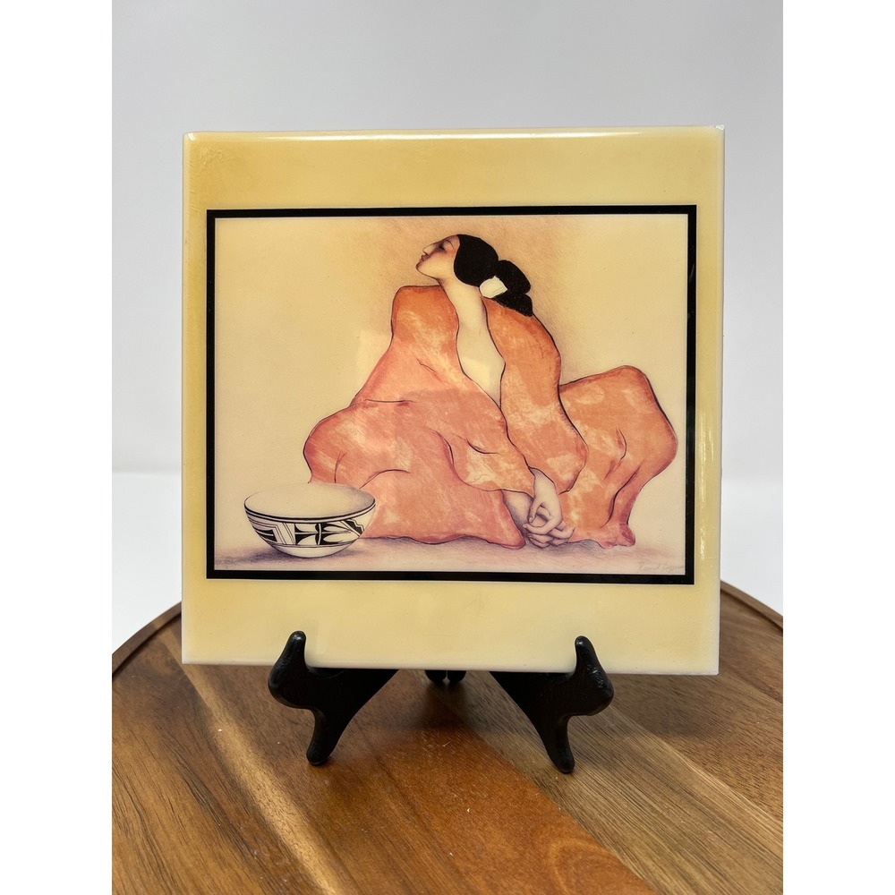 Native American Style Art Ceramic Tile Featuring Two Women Sitting with Bowl